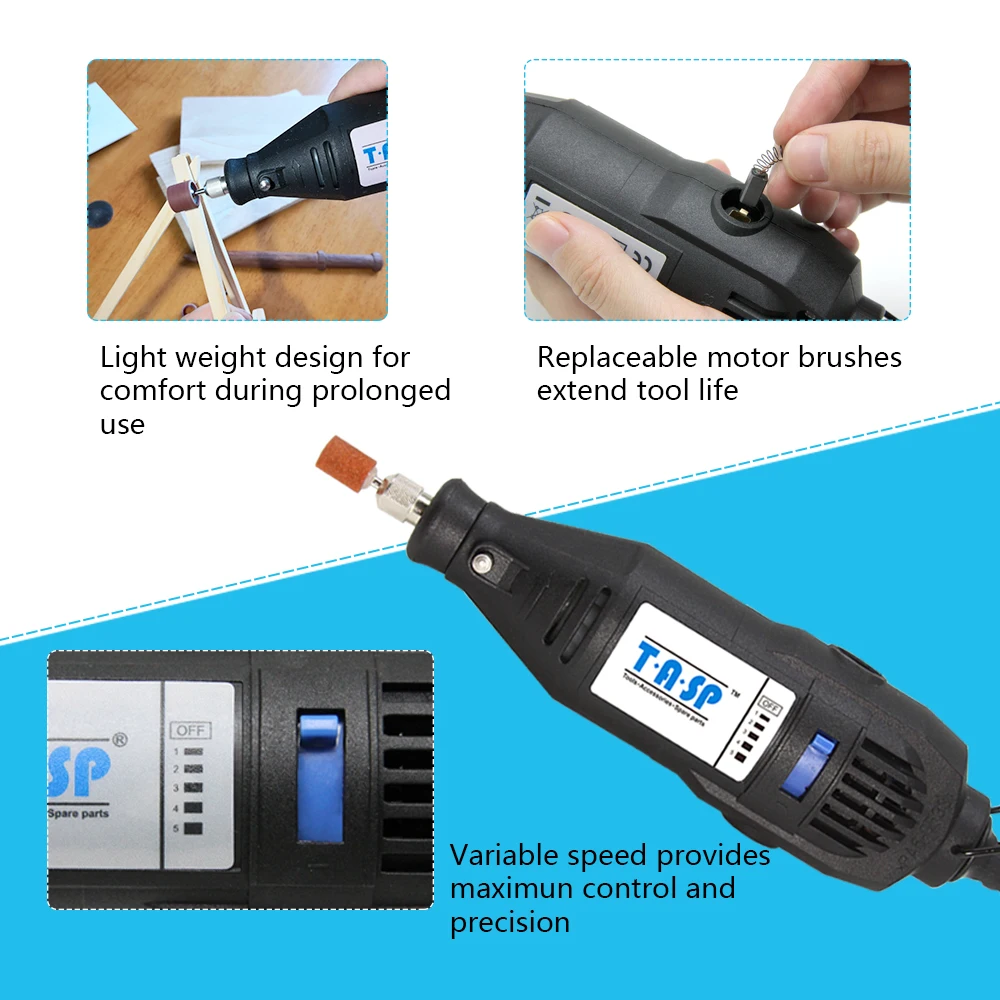 TASP 220V 130W Electric Mini Drill Set Variable Speed Engraver with  5pcs Accessories & Attachments Rotary Tool Kit