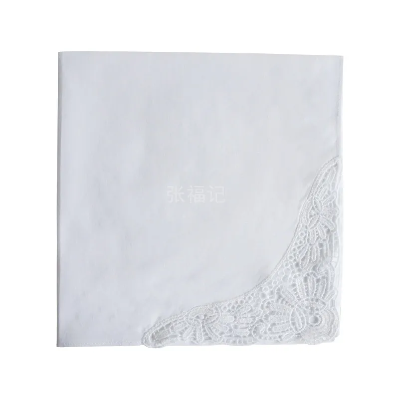 Women Wedding Gift Cotton Embroidered Customized White Handkerchief With Lace