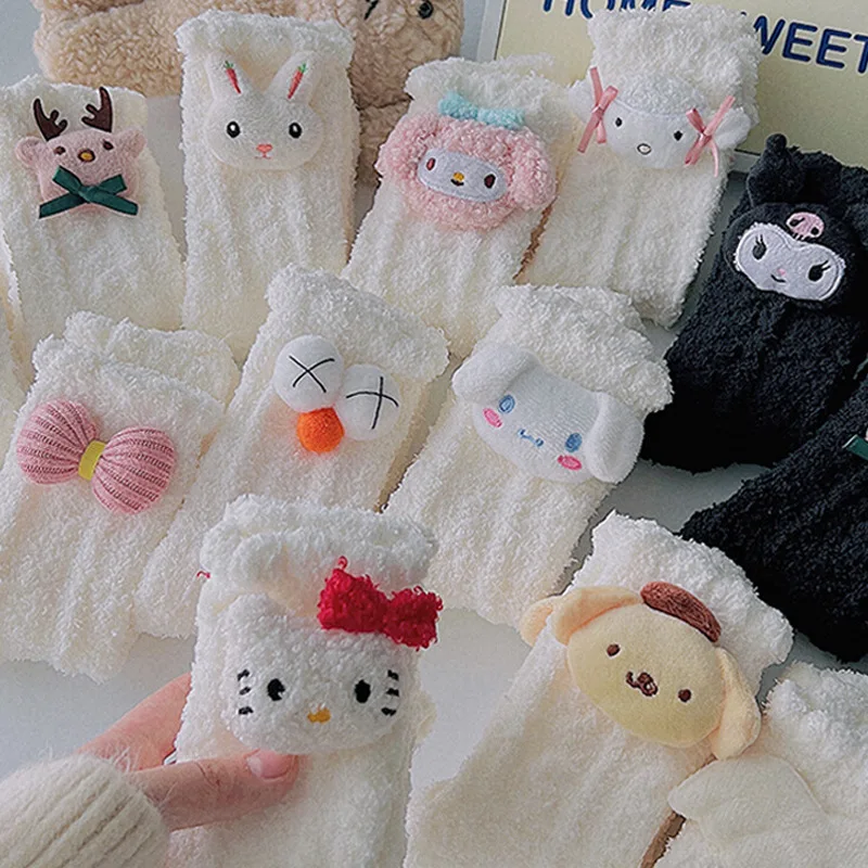 Manufacturer Wholesale High Quality Cartoon SanrioHello Kitty Socks Coral Fleece Socks White Lolita Cute Cartoon Sleep Socks
