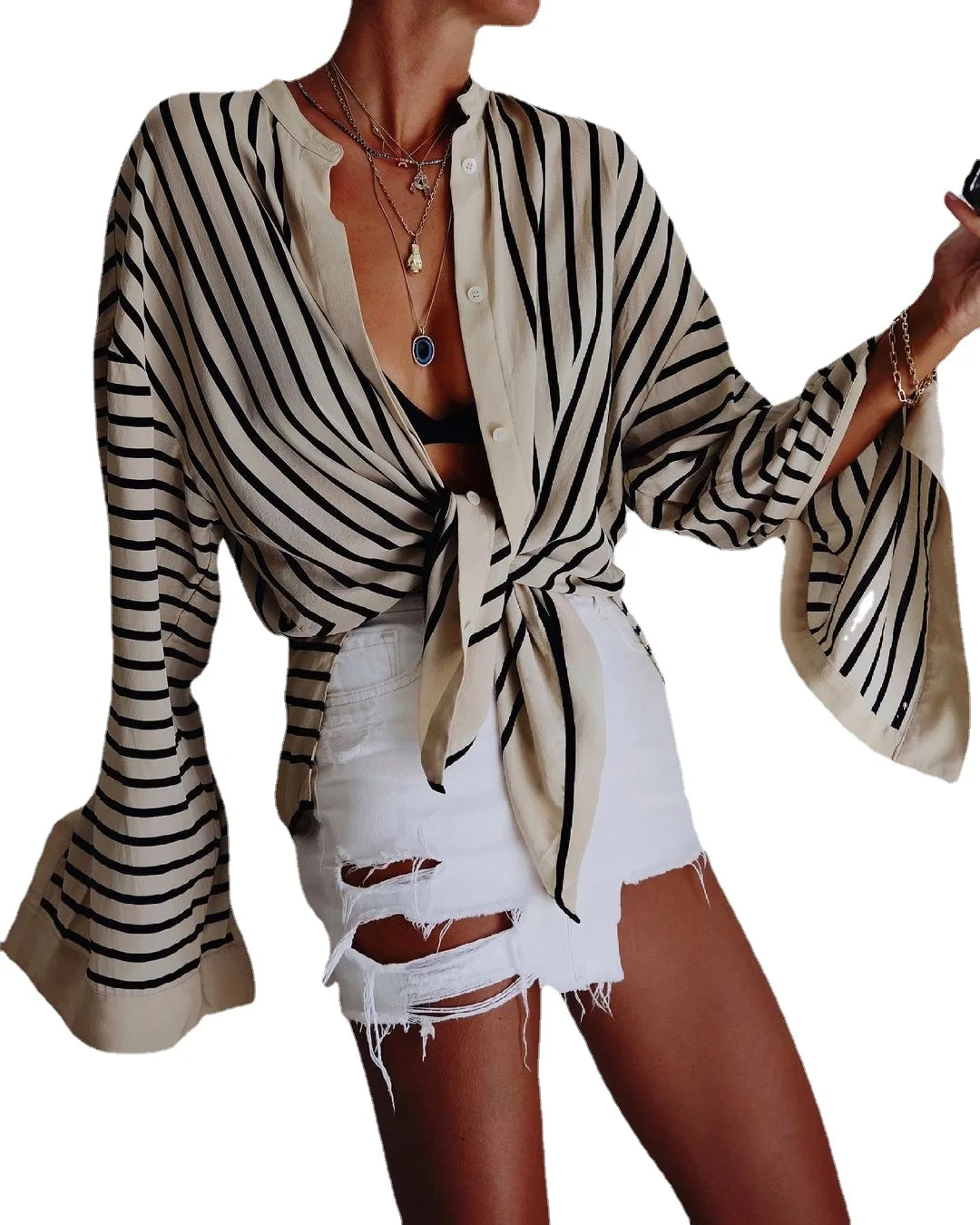 Women Striped Shirts Long Sleeves  Women  Blank New Arrival   Kimono  Cardigan Beach Cover Up