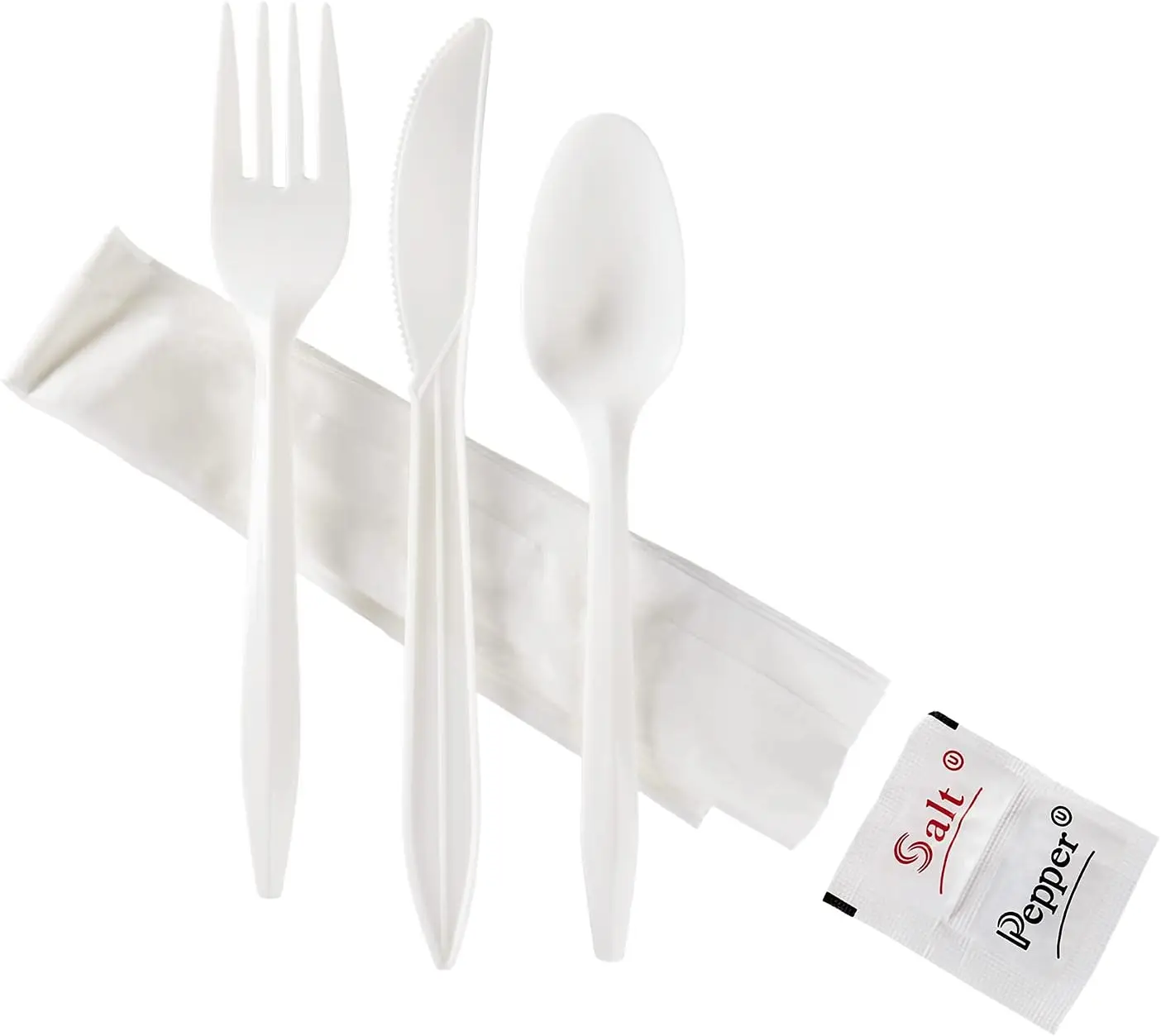 PP Plastic Medium Weight Cutlery Kits with Salt and Pepper - White