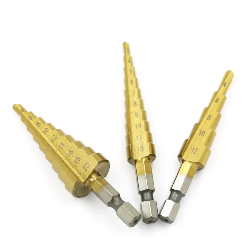 3pcs metric hexagonal handle pagoda drill bit, metal drilling bit, titanium plated high-speed steel step drill bit
