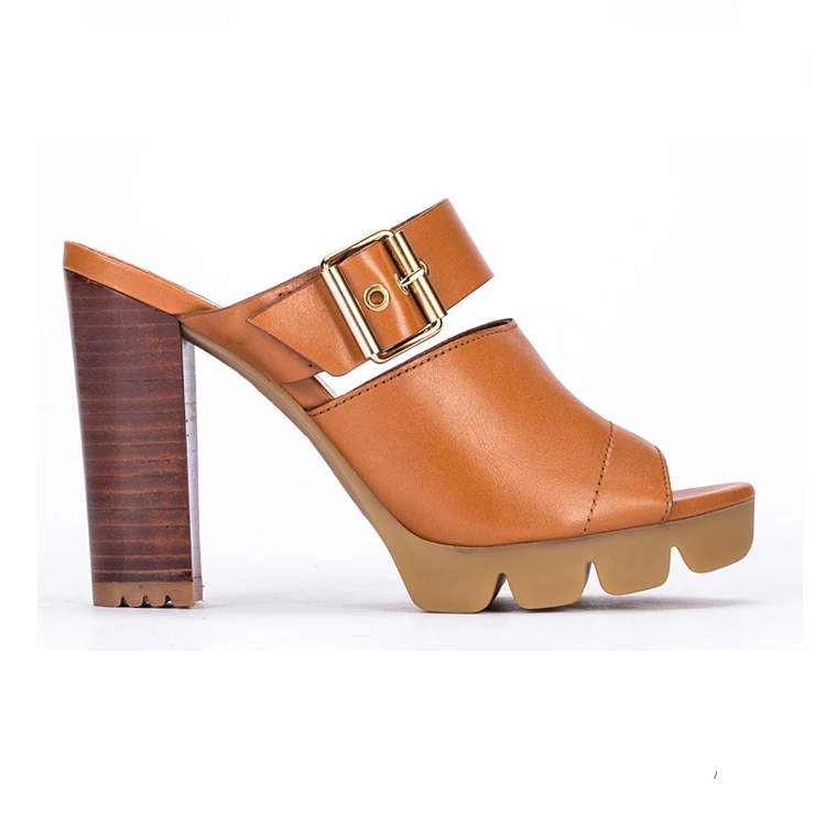 Camel genuine leather upper metal square buckle 6cm wide high heels for women shoes fashion ladies slippers sandals