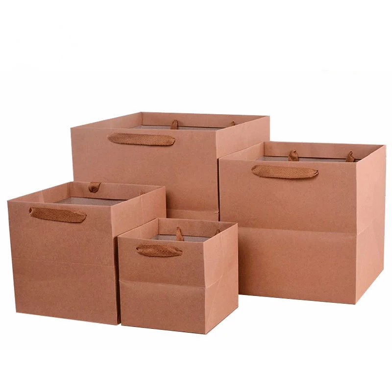 Custom Large Square Flower Cake Paper Carry Bag With Ribbon