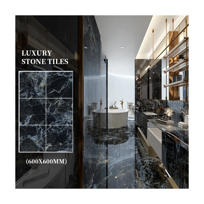 Premium Black Gold Blue Vein Marble Ceramic Tiles 600x600mm Polished Glazed Porcelain for Luxury Interiors Floor