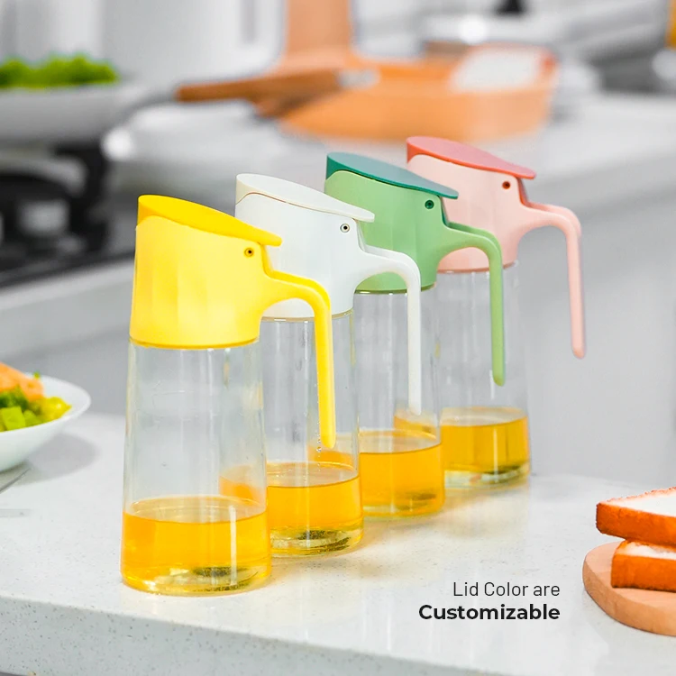 kitchen automatic flip glass empty olive oil dispenser bottle with non-drip spout and handle for cooking
