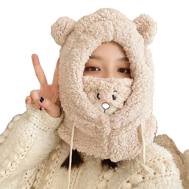 Cartoon Bear Ear Lamb Hat Mask Scarf Kid Women Warm Hats Winter Thickened Ear Plush animal design hat