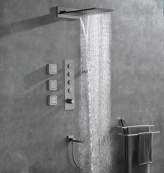 Large Flow Gun Gray Brushed Gold Rainfall Waterfall Shower Head 5 Way Thermostatic Shower System Shower Faucet Set with Body Jet