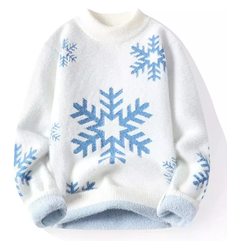 Custom Winter Thickened Mink  Sweater Round Neck Long Sleeve Snowflake Pattern Knit Warm Sweater