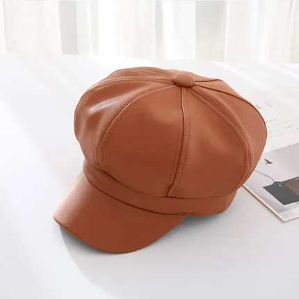 
Womens Hat Pu Leather Beret Newsboy Cabbie Hats Caps Outdoor Lady Baseball Cap 