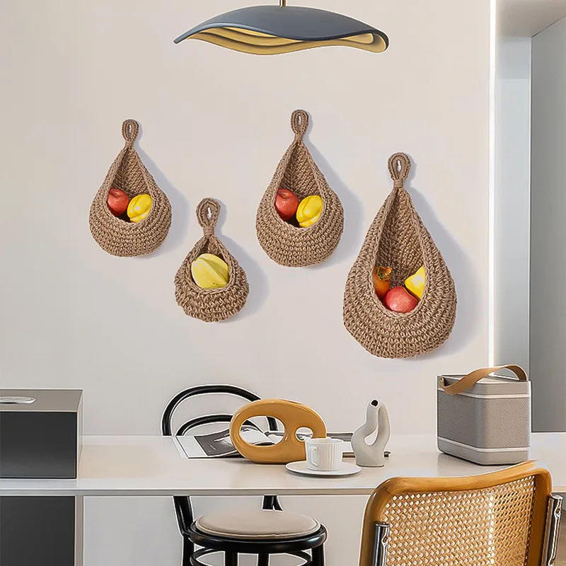 New Material Hanging Wall Vegetable Fruit Baskets Eco Jute Teardrop Hanging Basket Bohemian Hanging Storage Bag