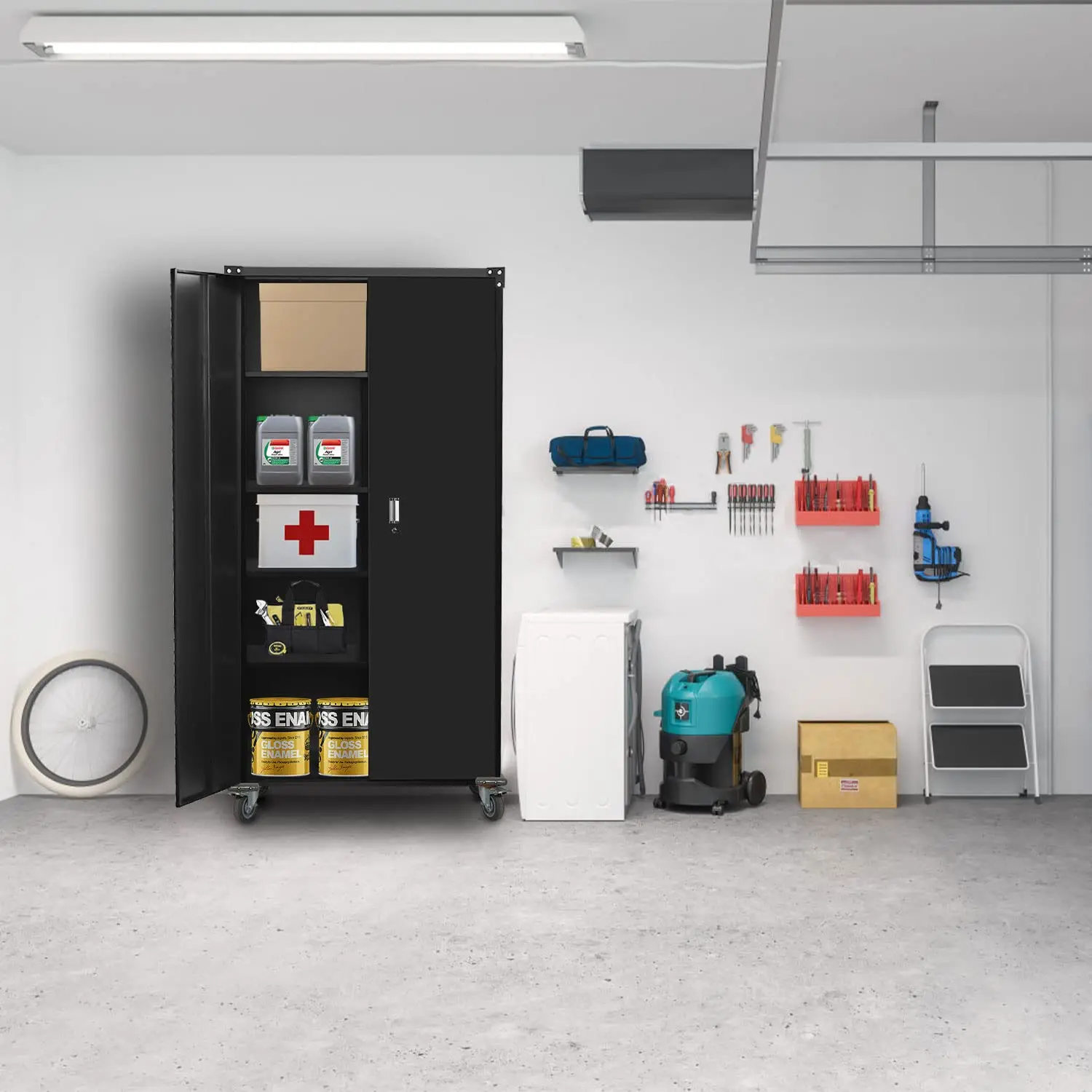 Customize Metal File Storage Cabinet 2 Swing Door Mobile Home Office Tool Steel Cabinet With Wheels And Adjustable Shelves