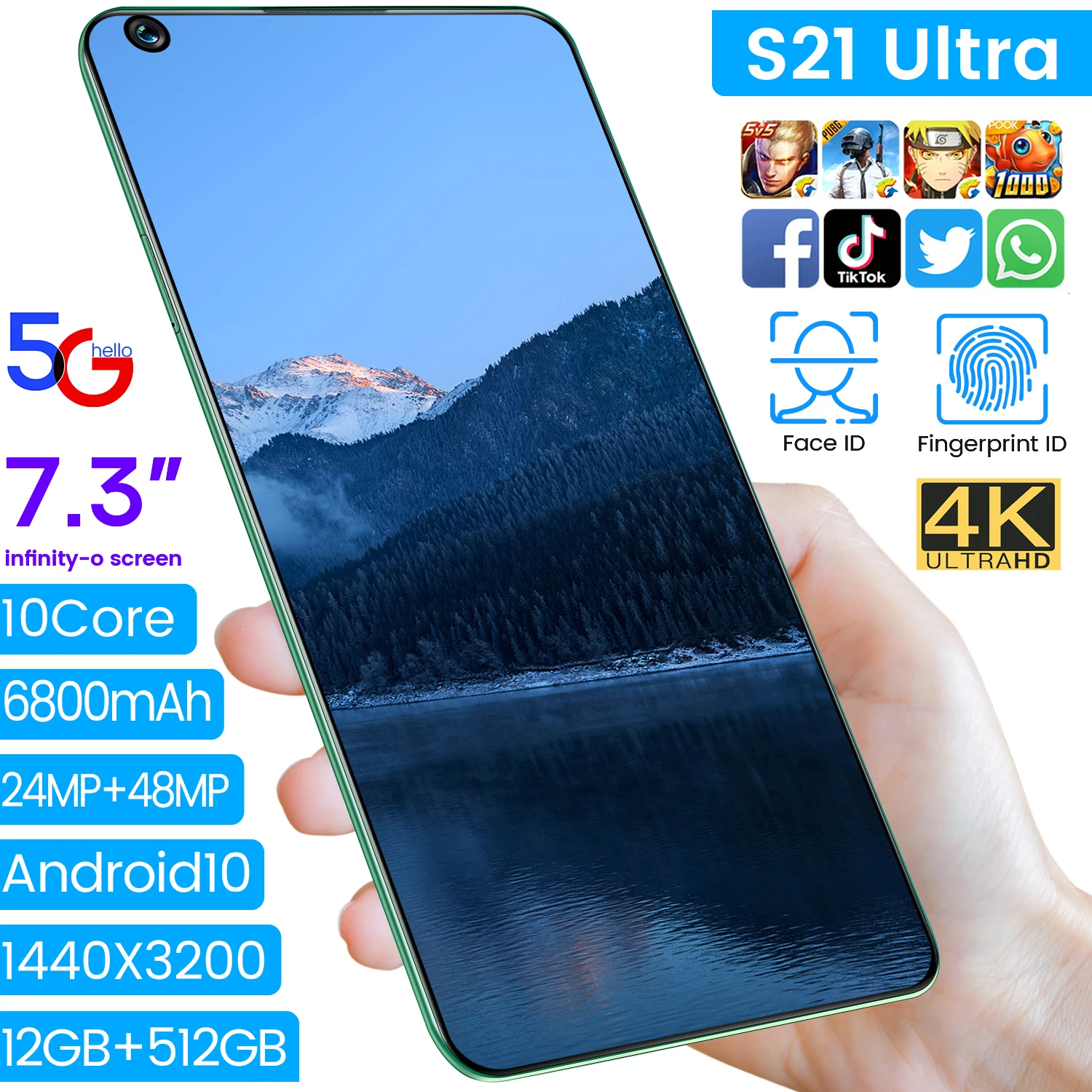 Amazon M HOT S21 U tra 24MP + 48MP 6800mAh батарея смартфоны Android 10 5G Core телефон s21 мобильный