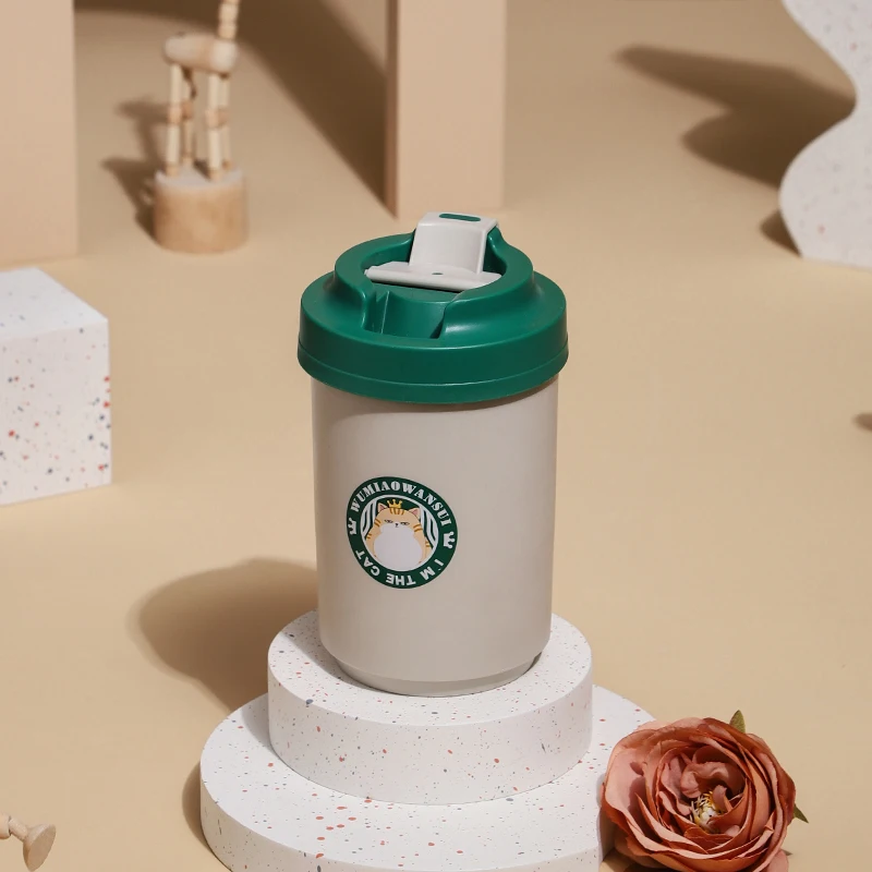 Custom stainless steel 304 safety pp fantastic designed drinking way store office cute cat iced coffee cups with lids