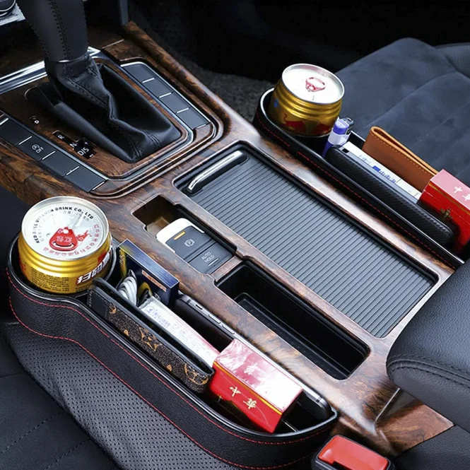 Car Seat Gap Filler Organizer Between Front seat car Organizer and Storage Box, Auto Premium PU Leather Console with Cup Holder