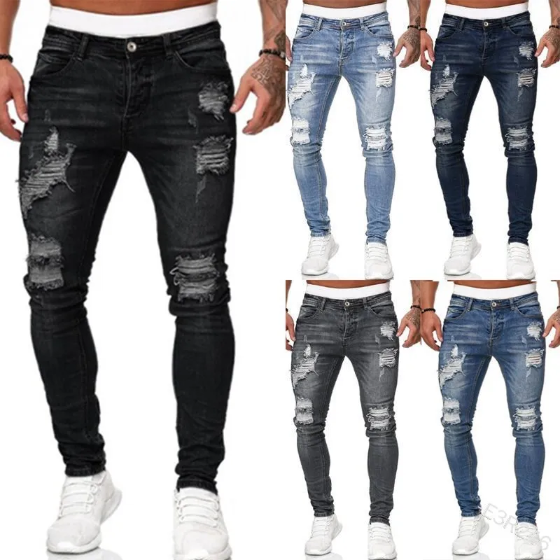 Mens Jeans Skinny Slim Fit Straight Ripped Distressed Pleated Knee Hole Denim Pants Summer Stretch Pencil Tapered Pants Jeans