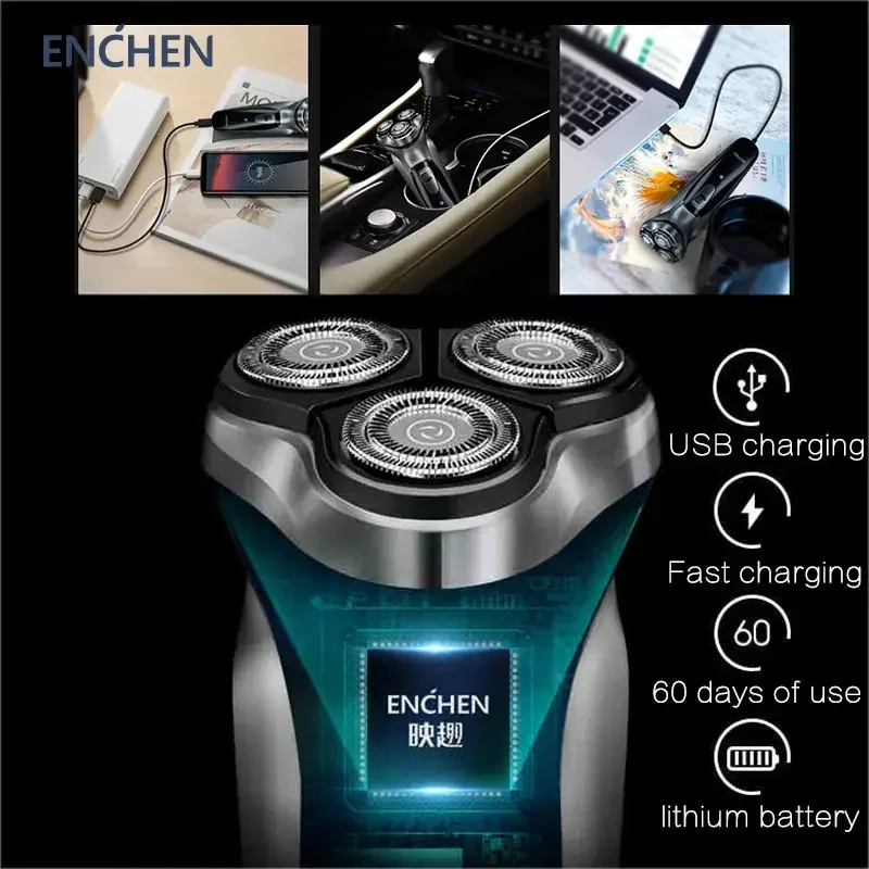 ENCHEN Blackstone Electrical Rotary Shaver 3D Floating Blade Washable Type-C USB Rechargeable Shaving Beard Machine for Men
