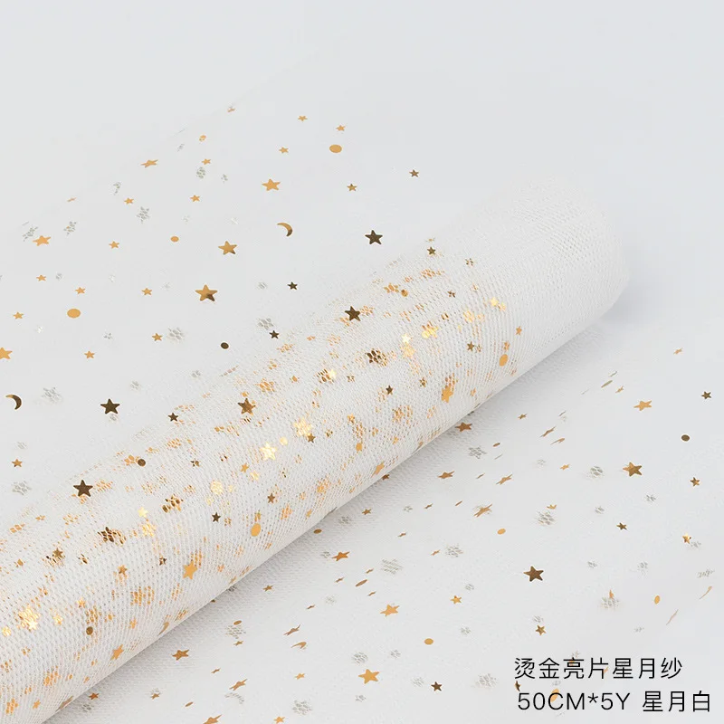 Hengcool Flower Decoration Wrapping Mesh 48*5Y Printed Gold Star Fabric Roll