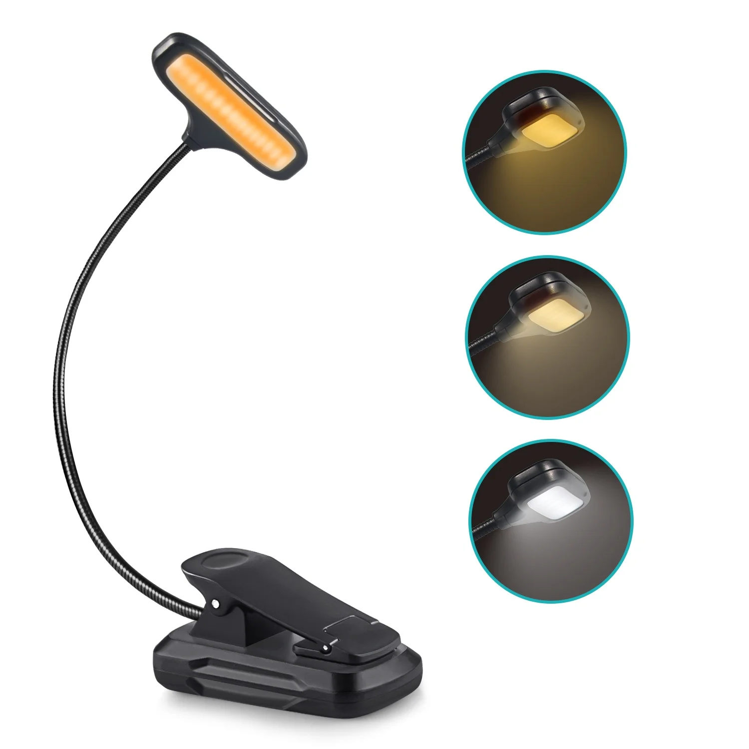 3 colors 9 brightness 15LEDs amber reading light, clip on music stand reading book lamp,eye care rechargeable book light