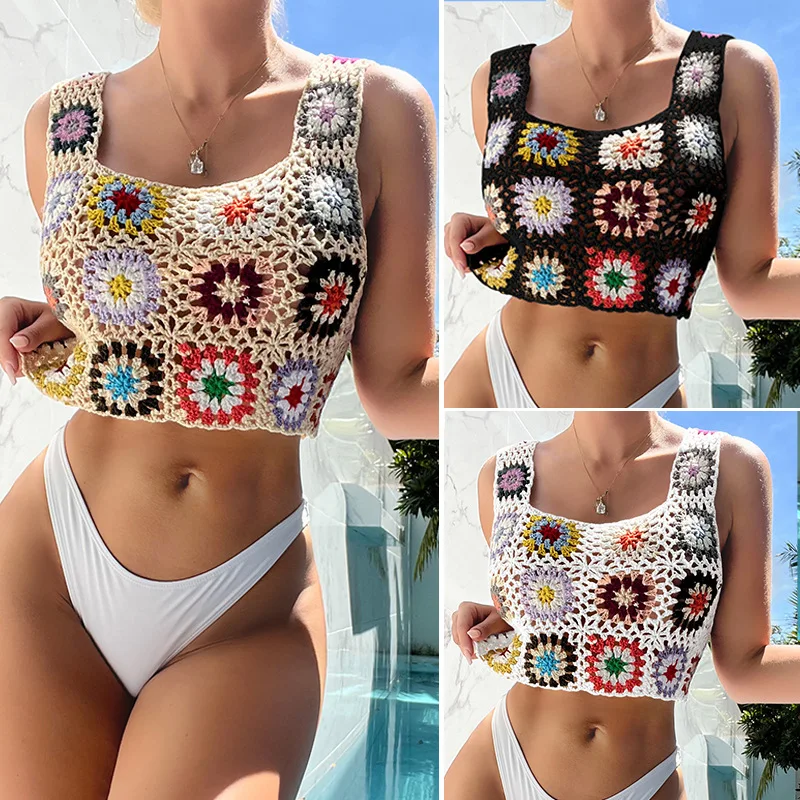 JSN9202262 Hand hook floral block knitted suspenders women sexy fashion seaside swimsuit vacation Bikini small suspenders