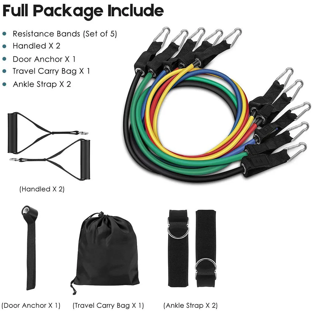 11 pcs custom logo printed TPR TPE  latex Tubes Heavy Duty workout equipment fitness Exercise Elastic Band set resistance bands