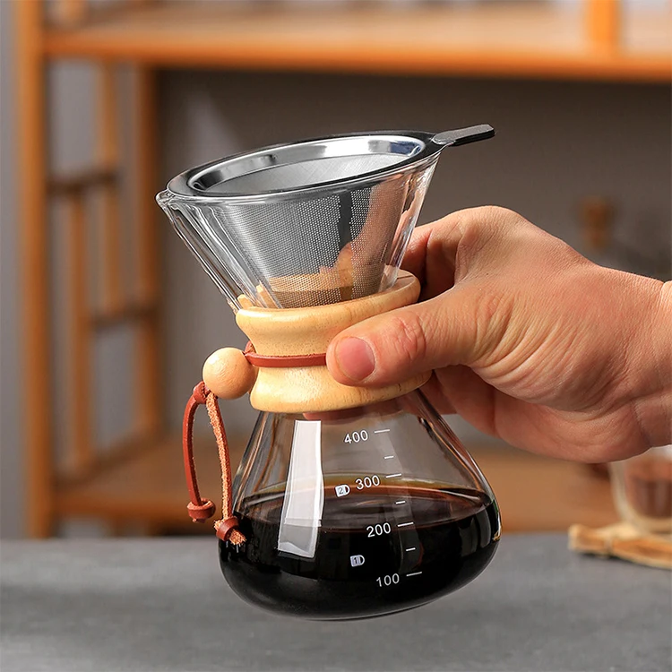 Hot sale Glass Coffee Filter Pot Maker Wooden Handle Protective Cover Pour Over Coffee Pot with Stainless Steel Coffee Drip