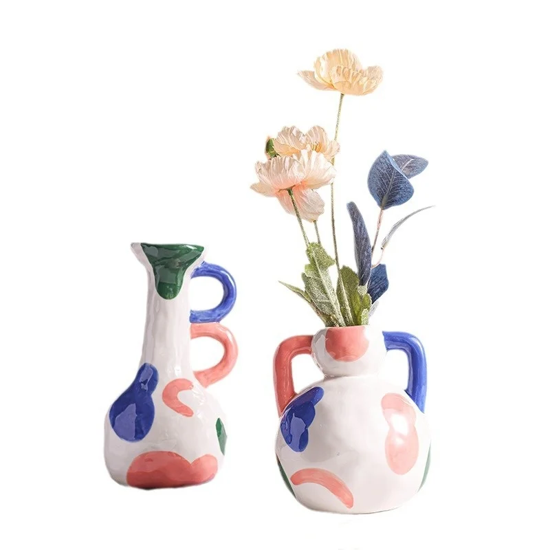 Ceramic vase, living room decoration, flower arrangement, creative color block painting, niche vase, flower utensil