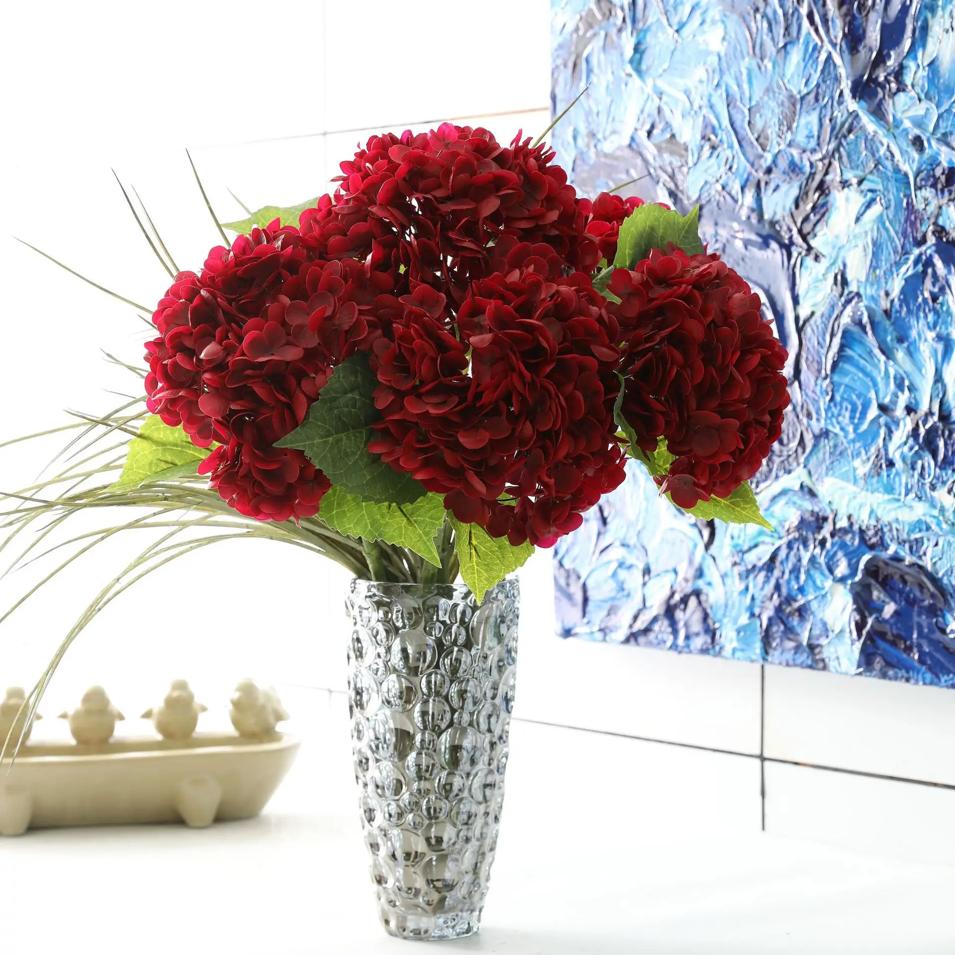 High Quality Single Stem Artificial Real Touch Latex Hydrangea Large Head Green White Flower For Party Wedding Table Decoration