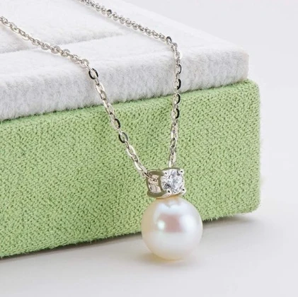 2PCS Necklace and Earring Pearl Set Silver Post Chain Freshwater 7-8mm Round White Pearl Set