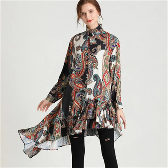
Plus size 2021 spring new retro printed shirt chiffon shirt loose plus size blouse 