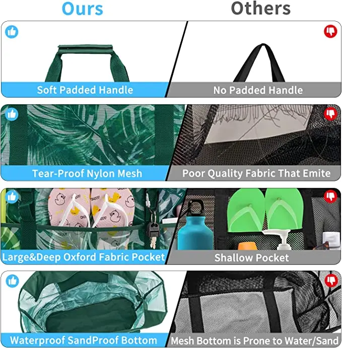 Ruthbag mesh Beach Bag Extra Large Bags with 9 Pockets & Zipper Waterproof Lightweight Beach Tote for Beach/Pool Trip