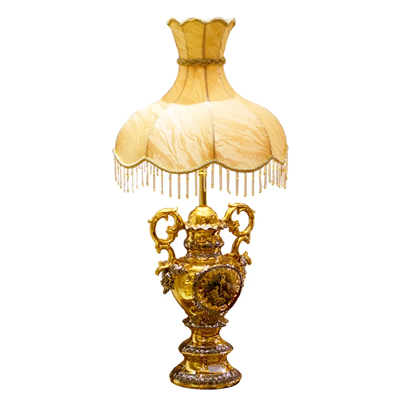 Classic Baroque Style Gilt Bronze Pedestal Feather Ornate Table Lamp with Beautiful Drum Lampshade