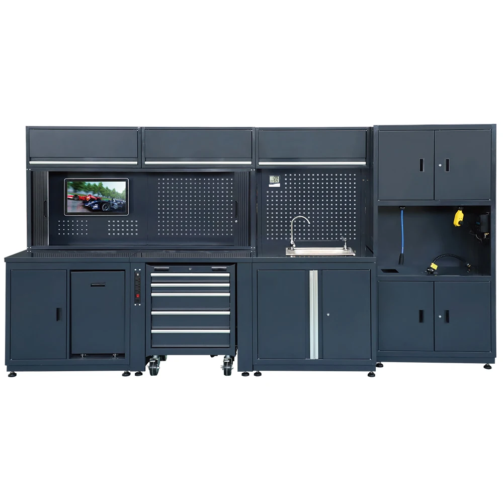 Car Repair Hand Tools Storage Cabinet Top Hanging Cabinets 2 Door Drawers Chest Work Station with Hooks and LED Lights