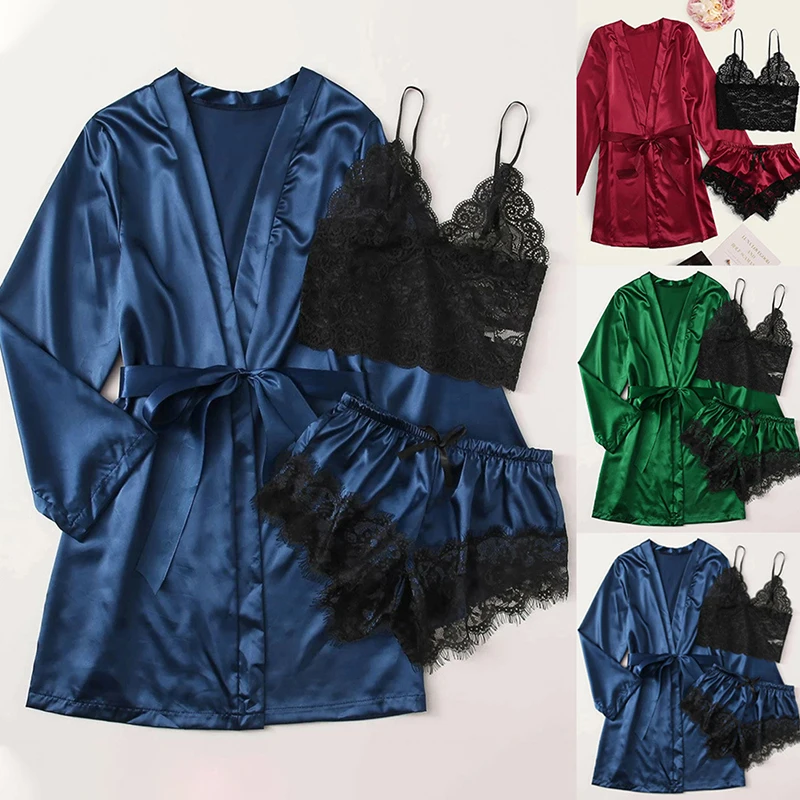 
Long sleeve Womens Pajamas Sexy Lace Lingerie Nightwear Underwear Sleepwear 3PC Suit Pajama Sets For Women Pajama 