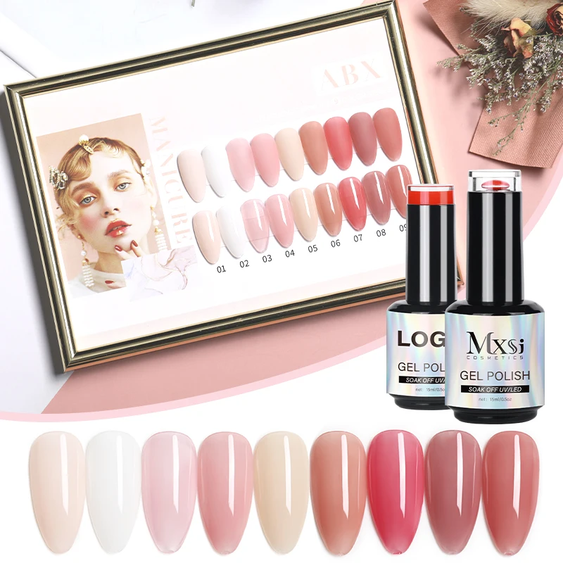 Private Label Jelly Nude Gel Nail Polish 15ml Light Pink Peach Translucent Color UV Light Cure Gel Custom Varnish Nail Art DIY