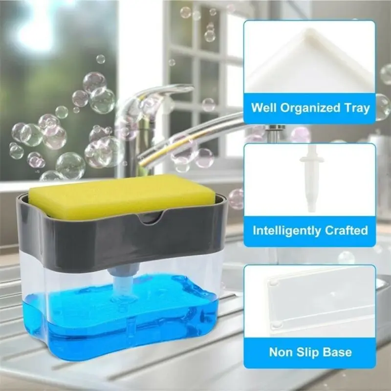 Kitchen Pump Sponge Caddy 2 In 1 Countertop Wash Sponge Holder Liquid Box Manual Press Dish Soap Dispenser
