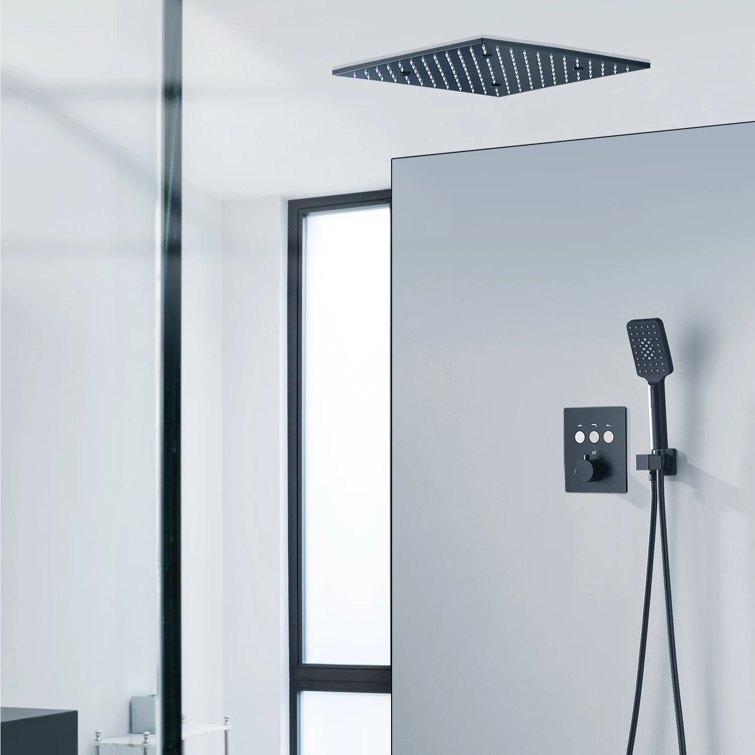 16' Matte Black Shower Set Ceiling Mounted Rain Mist Showerhead Water Power LED Lights Bathroom Thermostatic Bath