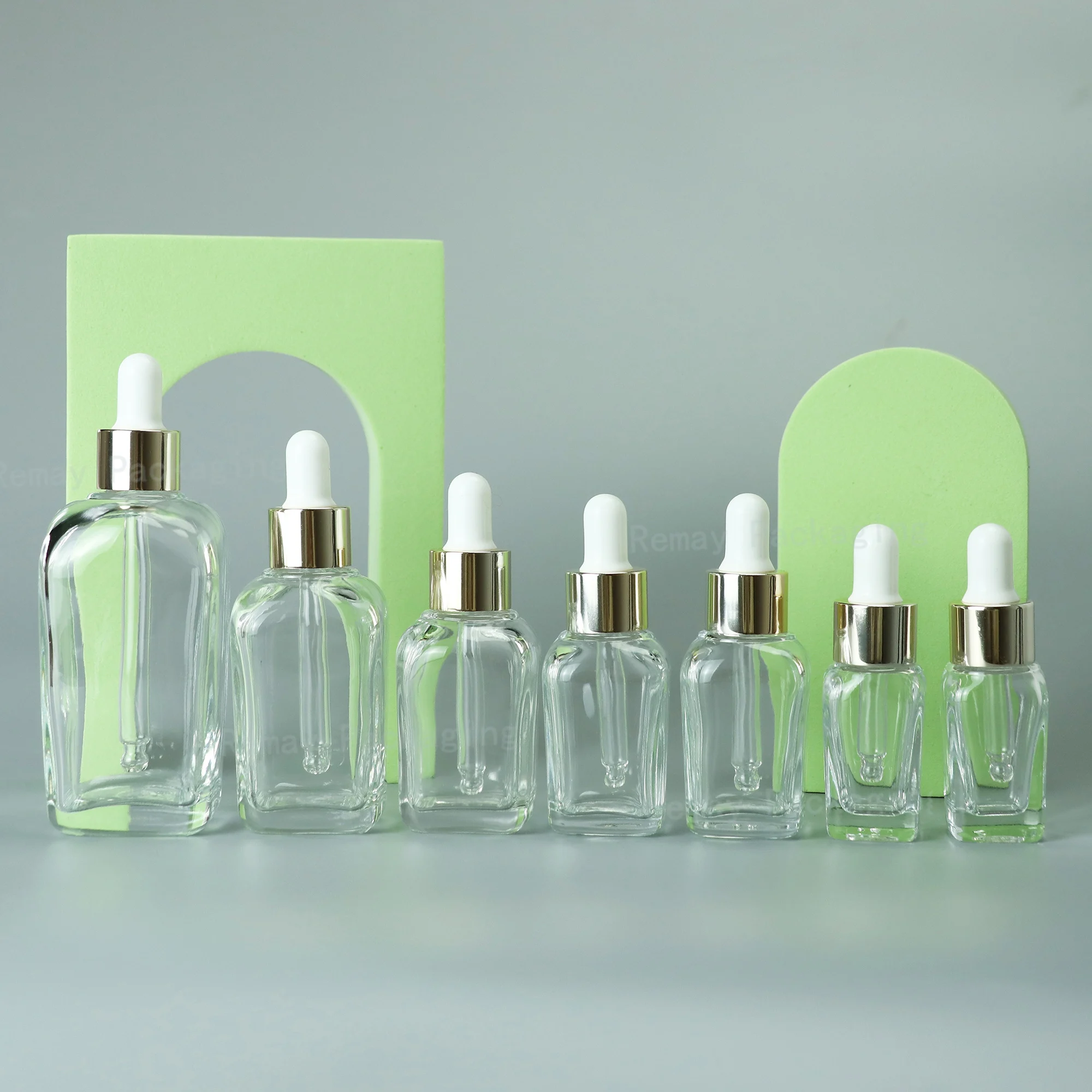 Customized clear square glass essential oil dropper bottle 30ml cosmetic pipette serum bottles with gold dropper cap in stock