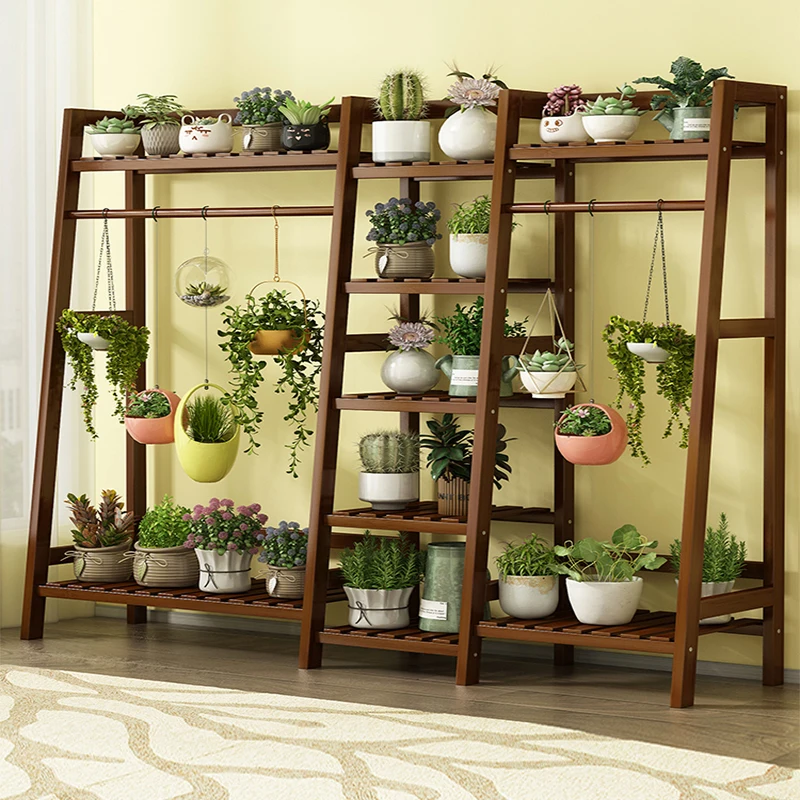 Household Bamboo Large Plant Stand Hanging Basket Design Multiple Flowerpot Holder Display Shelf