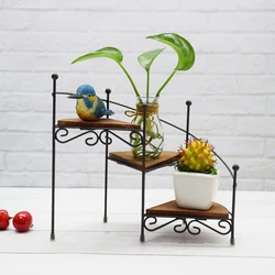 Japanese Style Home Decor Metal Wire and Wooden 3 layer Flower rack   for Household and Garden