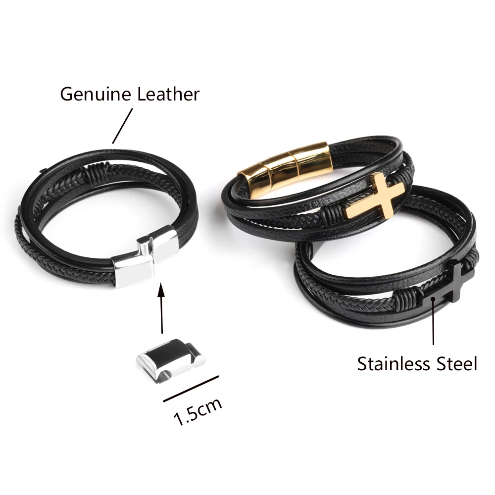 Stainless Steel Gold Plated Cross Bracelet Genuine Leather Removable Clasps Men Gift Bangle