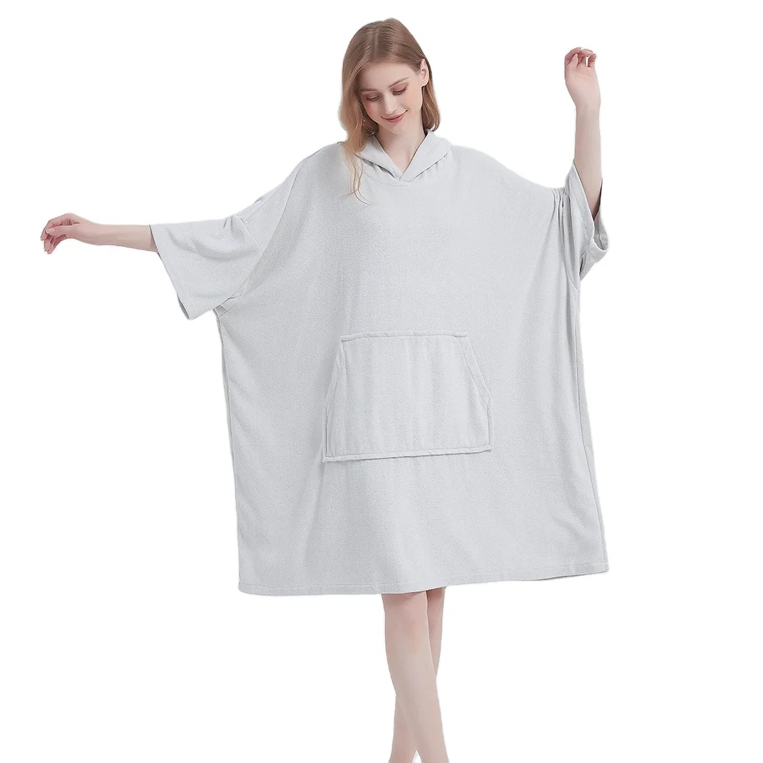 Custom Logo Design Grey Outdoor Beach Sports Swimming Changing Hoodie Robe Hooded Poncho Towel with Pocket