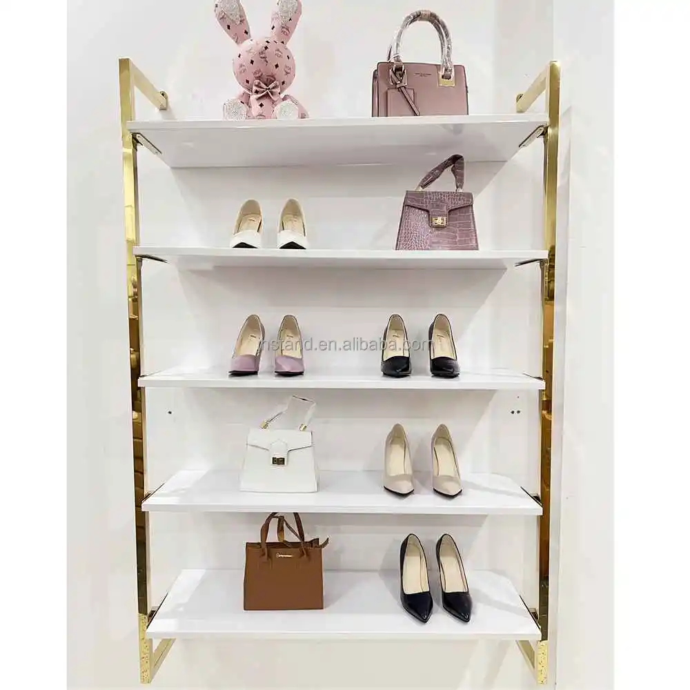 Interior Design Clothing Store Furniture Shop Decoration Gold Stainless Steel 4 Tiers Wall Shoe Display Rack For Shoe Bag Store