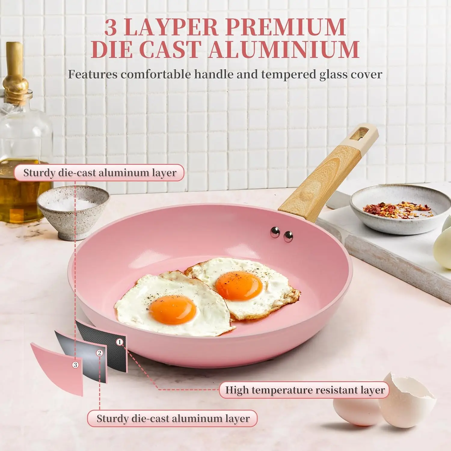 9 Pcs Induction Pink Aluminum Ceramic Non Stick Pan Set Cookware Set Cooking with Glass Lid