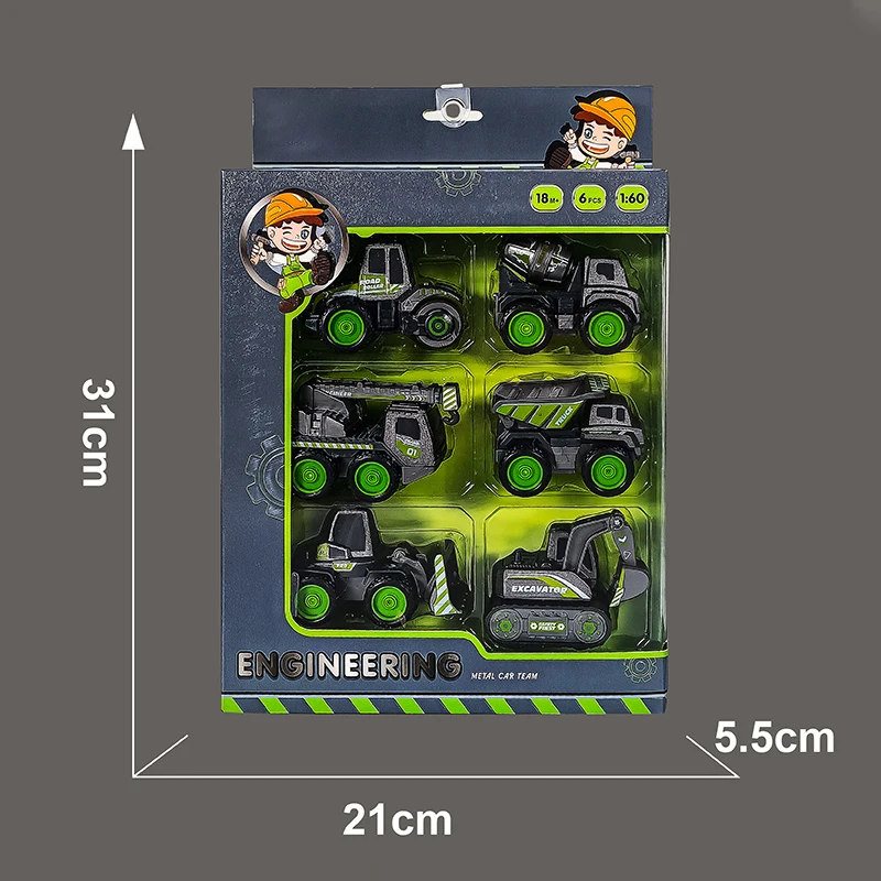 6pcs high quality simulation 1:60 alloy engineering vehicle pull back car excavator mixer forklift truck diecast Toys for kids