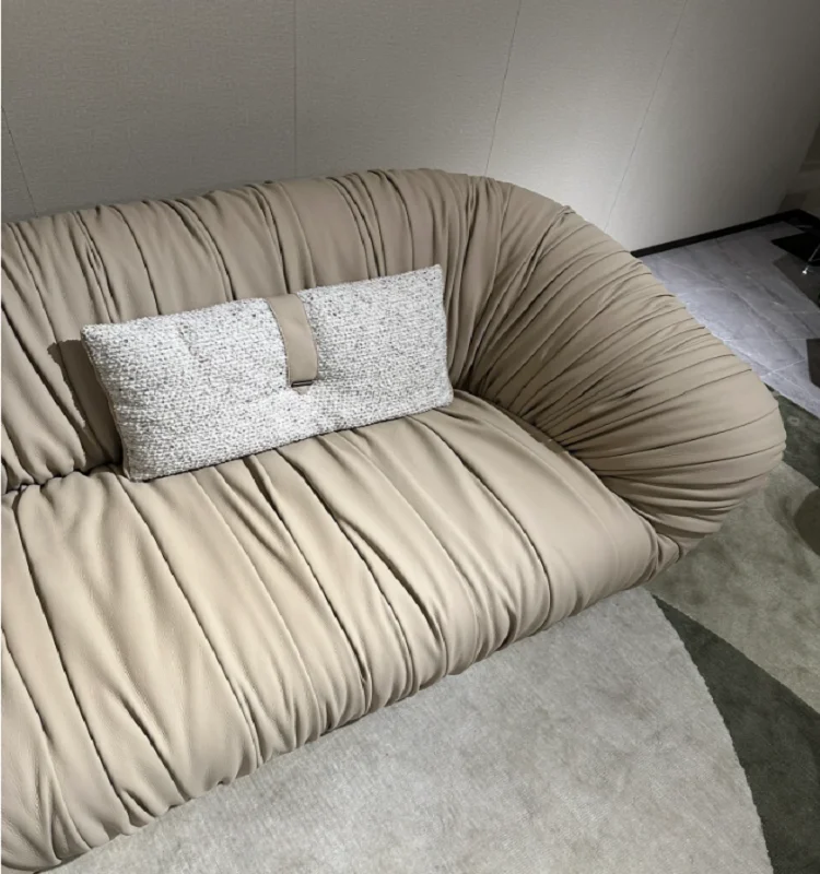 Italian Minimalist High-end Villa Living Room Sofa Large Flat Fold Leather Sofa