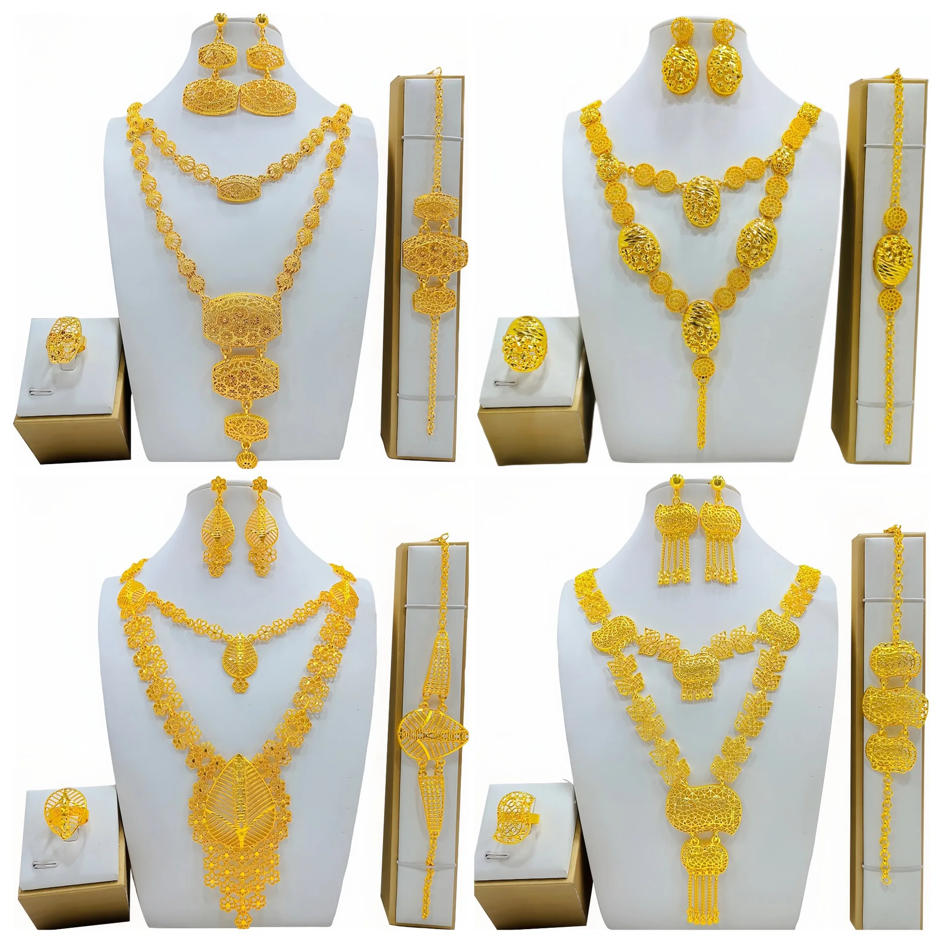 Fashion Permanent Jewelry Chains Saudi Arabia Gold Plated 4 Pieces Sets Dubai Bridal Wedding Ring Bracelet Necklace Earrings