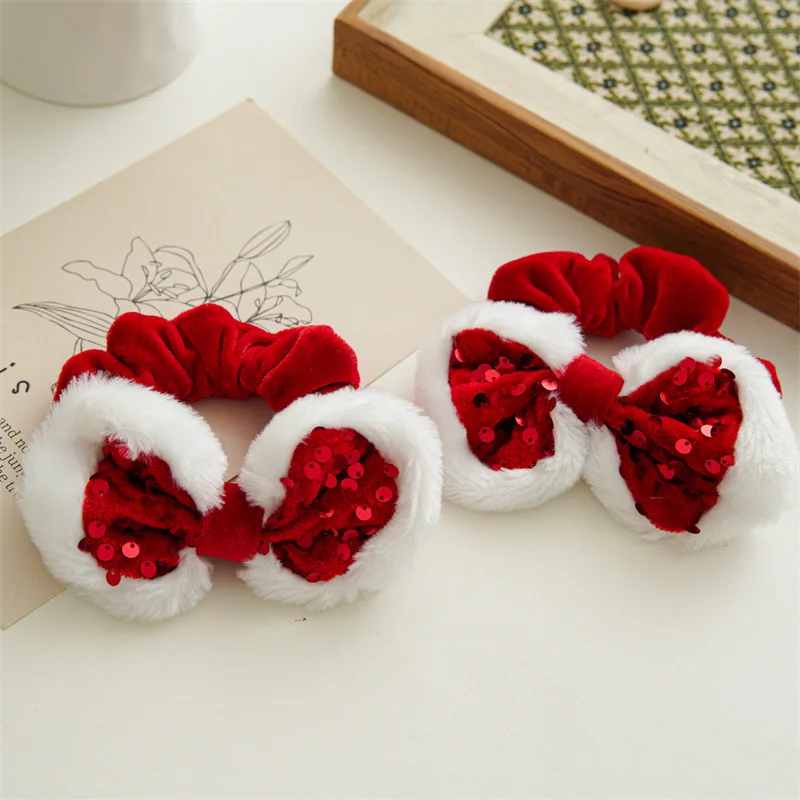 Wholesale Custom Christmas Hair Scrunchies Fabric Elastic Hair Band Hair Ties Girls Scrunchies with Bow