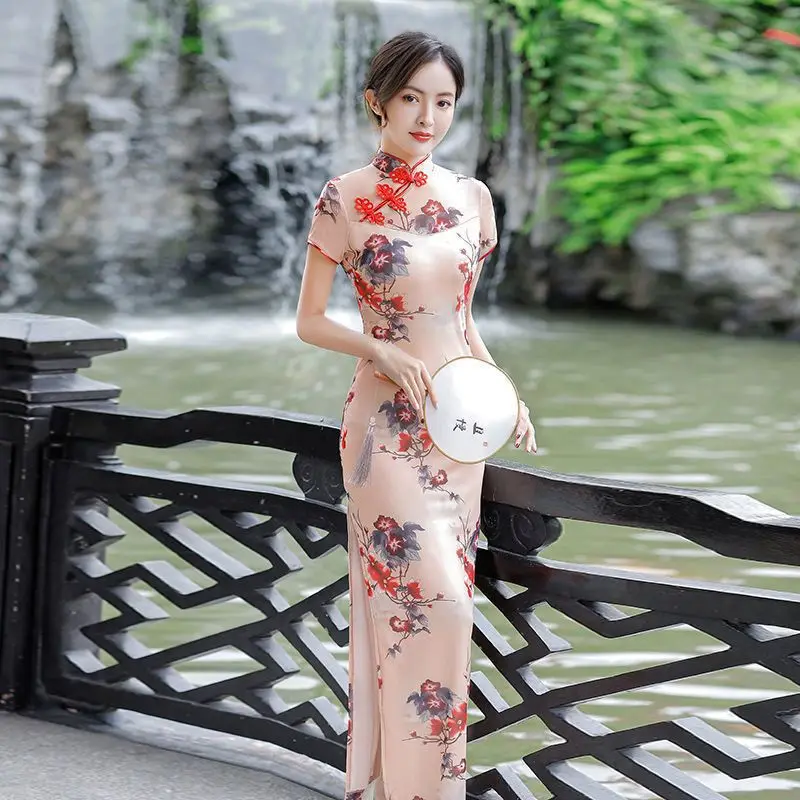 Fashion flower printing women casual cheongsam medium style ladies large size vintage dress on sale