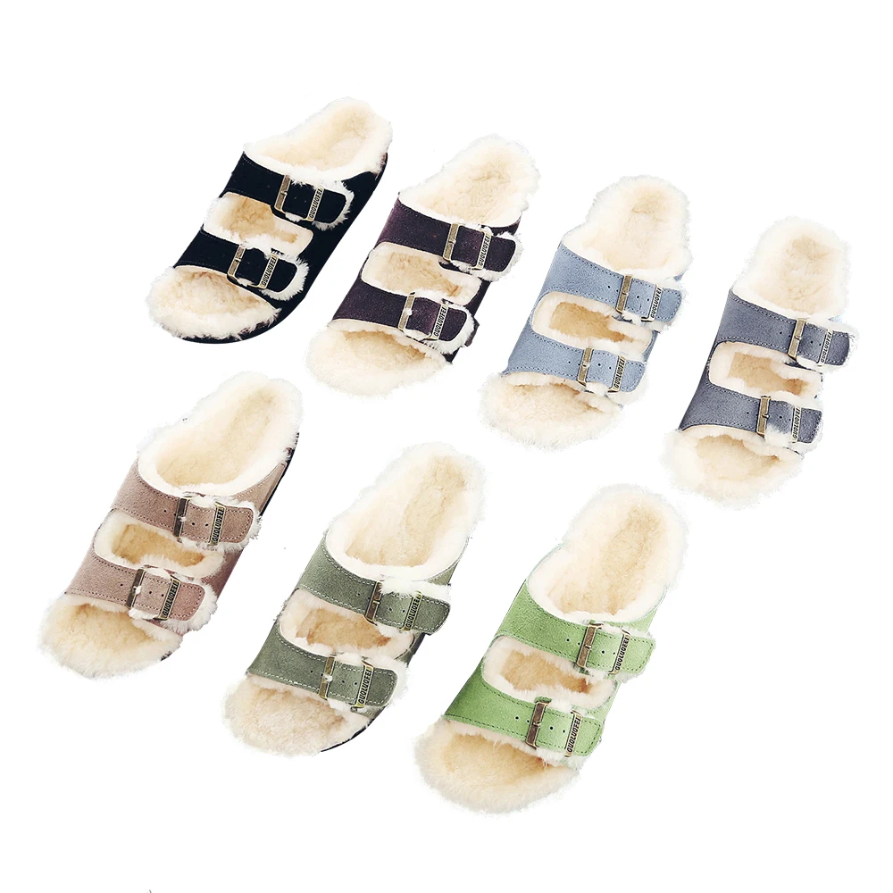 Faux Fur Lined flat slippers for ladies plush cork sole home women slippers